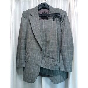 Vtg 70's John Temple Men's 39R Gray Plaid Wool 2 Piece Suit 32 Wide Flare Leg‎